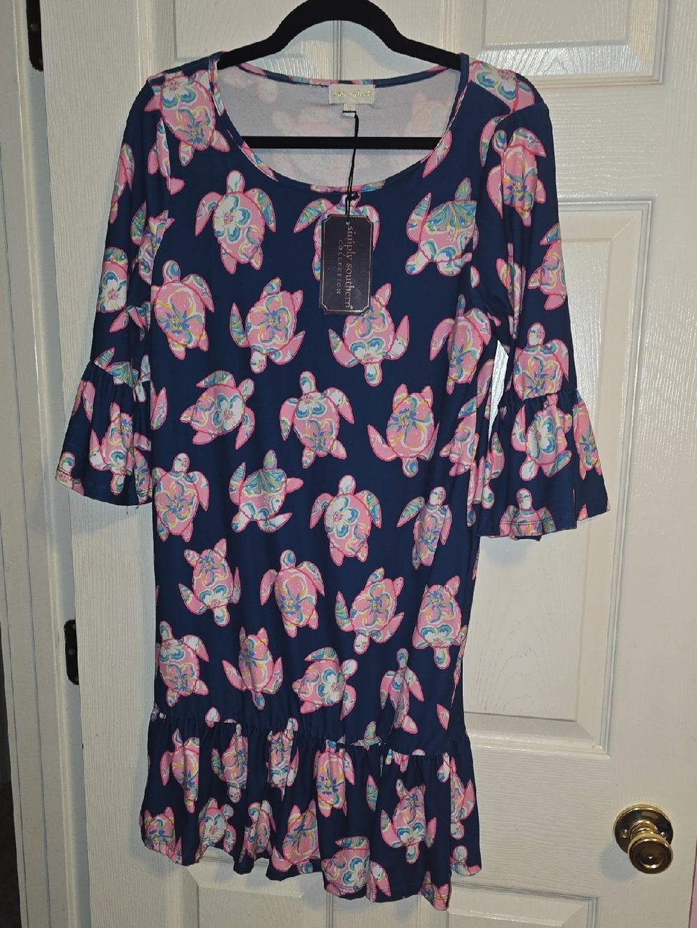 Simply Southern Navy Blue Midi Dress with Pink Turtle Print